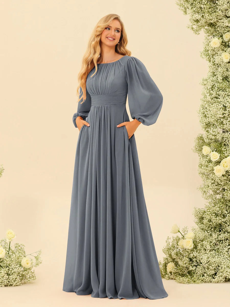 A-Line/Princess Scoop Long Sleeves Bridesmaid Dresses with Ruched