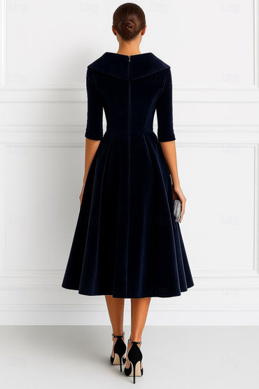 A Line Mother Of The Bride Dress Velvet Formal Dress Long Sleeves Elegant Tea Length Christmas Shirt Collar With Pocket