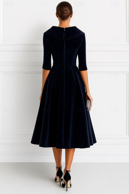 A Line Mother Of The Bride Dress Velvet Formal Dress Long Sleeves Elegant Tea Length Christmas Shirt Collar With Pocket