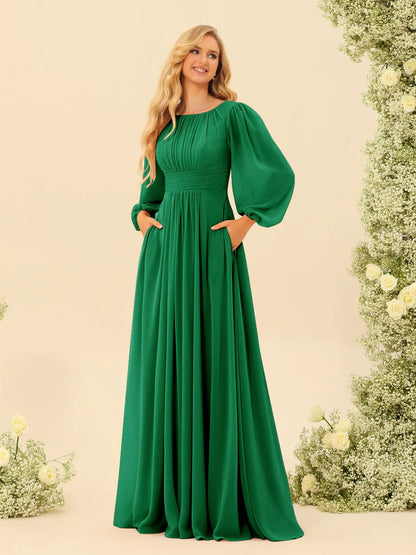 A-Line/Princess Scoop Long Sleeves Bridesmaid Dresses with Ruched