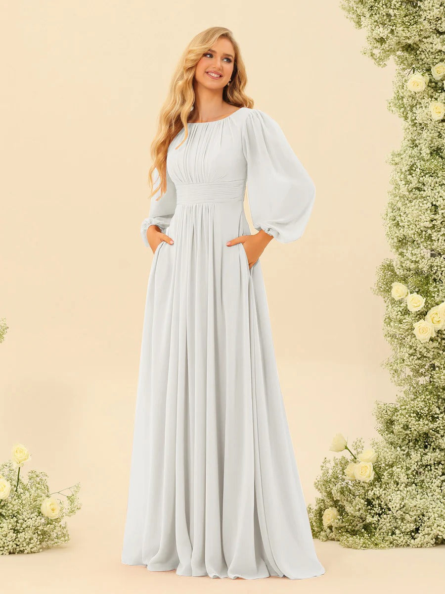 A-Line/Princess Scoop Long Sleeves Bridesmaid Dresses with Ruched