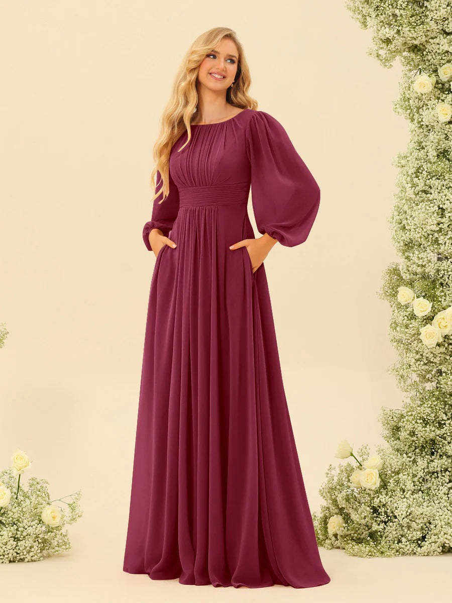 A-Line/Princess Scoop Long Sleeves Bridesmaid Dresses with Ruched