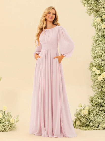 A-Line/Princess Scoop Long Sleeves Bridesmaid Dresses with Ruched