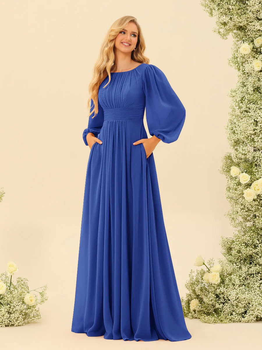 A-Line/Princess Scoop Long Sleeves Bridesmaid Dresses with Ruched