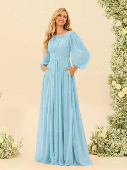 A-Line/Princess Scoop Long Sleeves Bridesmaid Dresses with Ruched