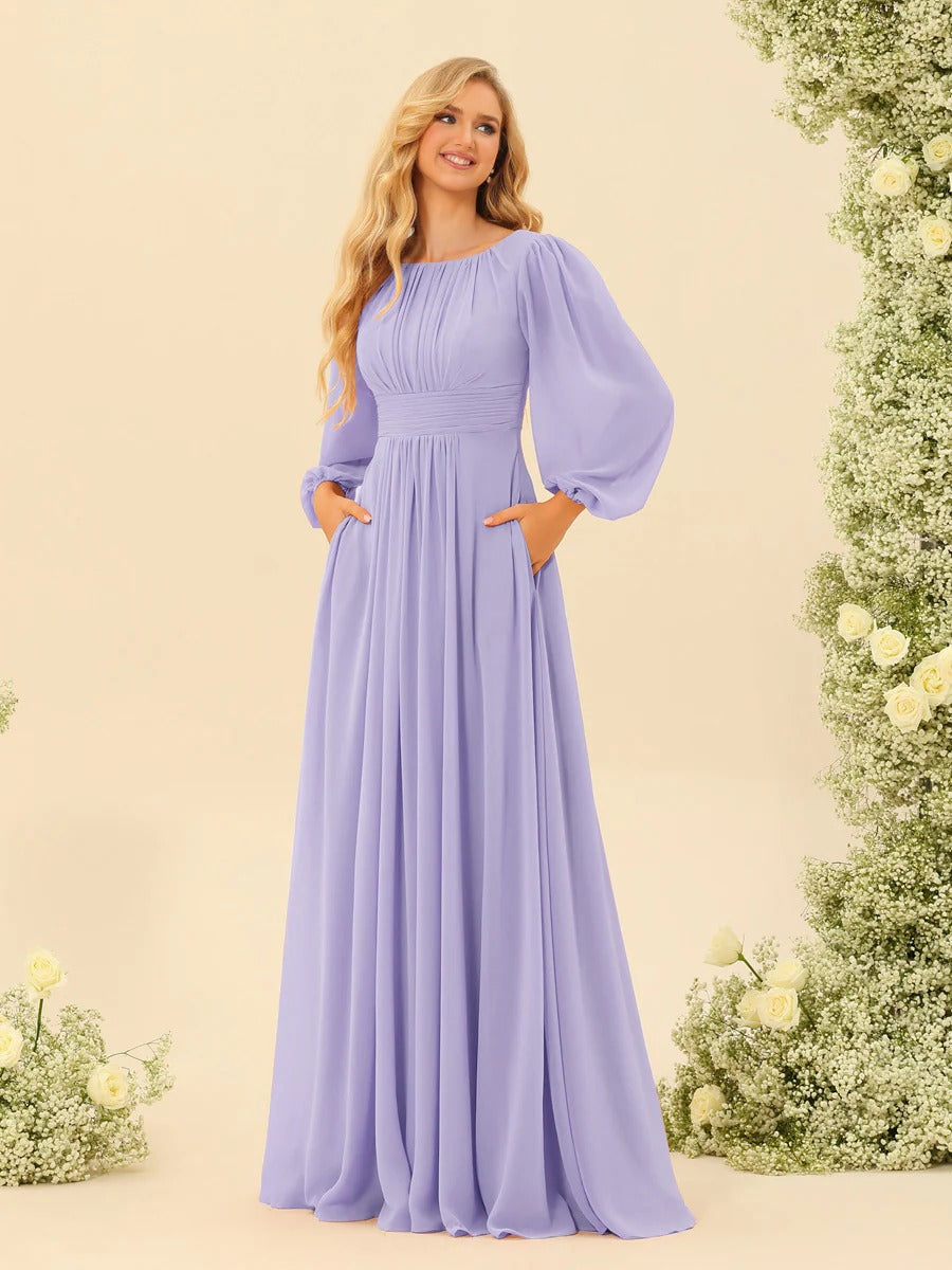 A-Line/Princess Scoop Long Sleeves Bridesmaid Dresses with Ruched