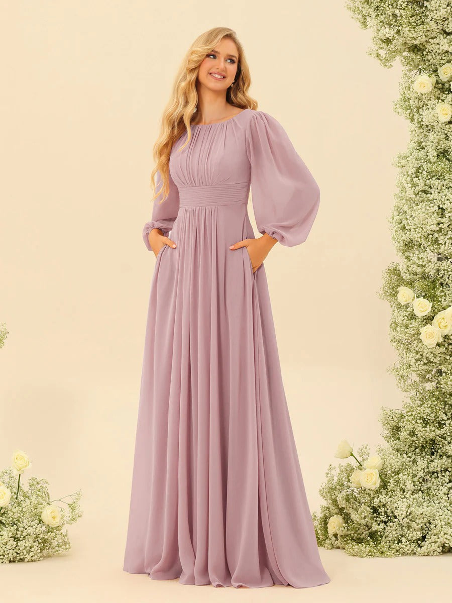 A-Line/Princess Scoop Long Sleeves Bridesmaid Dresses with Ruched