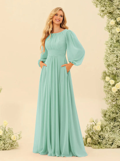 A-Line/Princess Scoop Long Sleeves Bridesmaid Dresses with Ruched