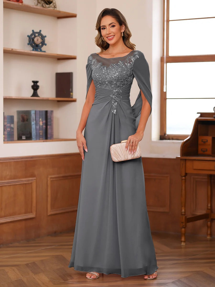 A-Line/Princess Scoop Floor-Length Mother of the Bride Outfits with Pleated & Sequins