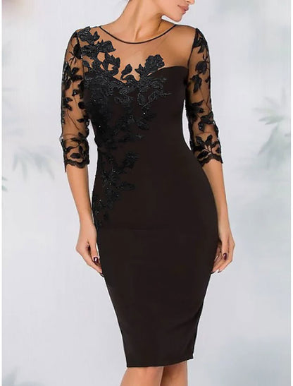 Sheath Mother of the Bride Dress Elegant Cocktail Dress Wedding Guest Kentucky Knee Length Long Sleeve Illusion Neck Lace with Beading Embroidery