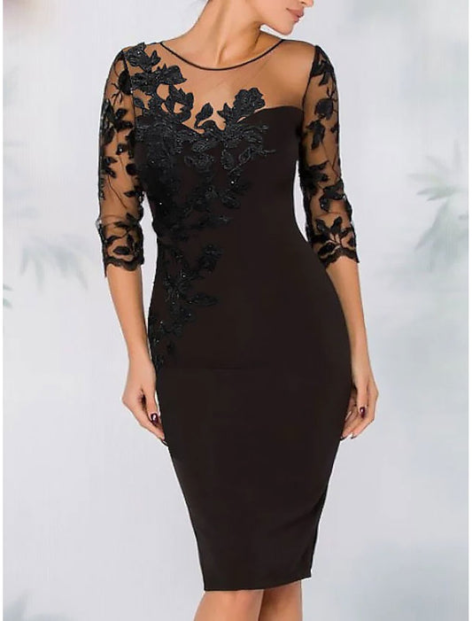 Sheath Mother of the Bride Dress Elegant Cocktail Dress Wedding Guest Kentucky Knee Length Long Sleeve Illusion Neck Lace with Beading Embroidery
