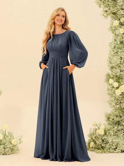A-Line/Princess Scoop Long Sleeves Bridesmaid Dresses with Ruched