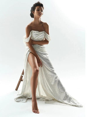 Mermaid Evening Gown Sequin Dress Prom Sweep / Brush Train  Sleeveless Off The Shoulder Satin with Slit Masquerade Dress