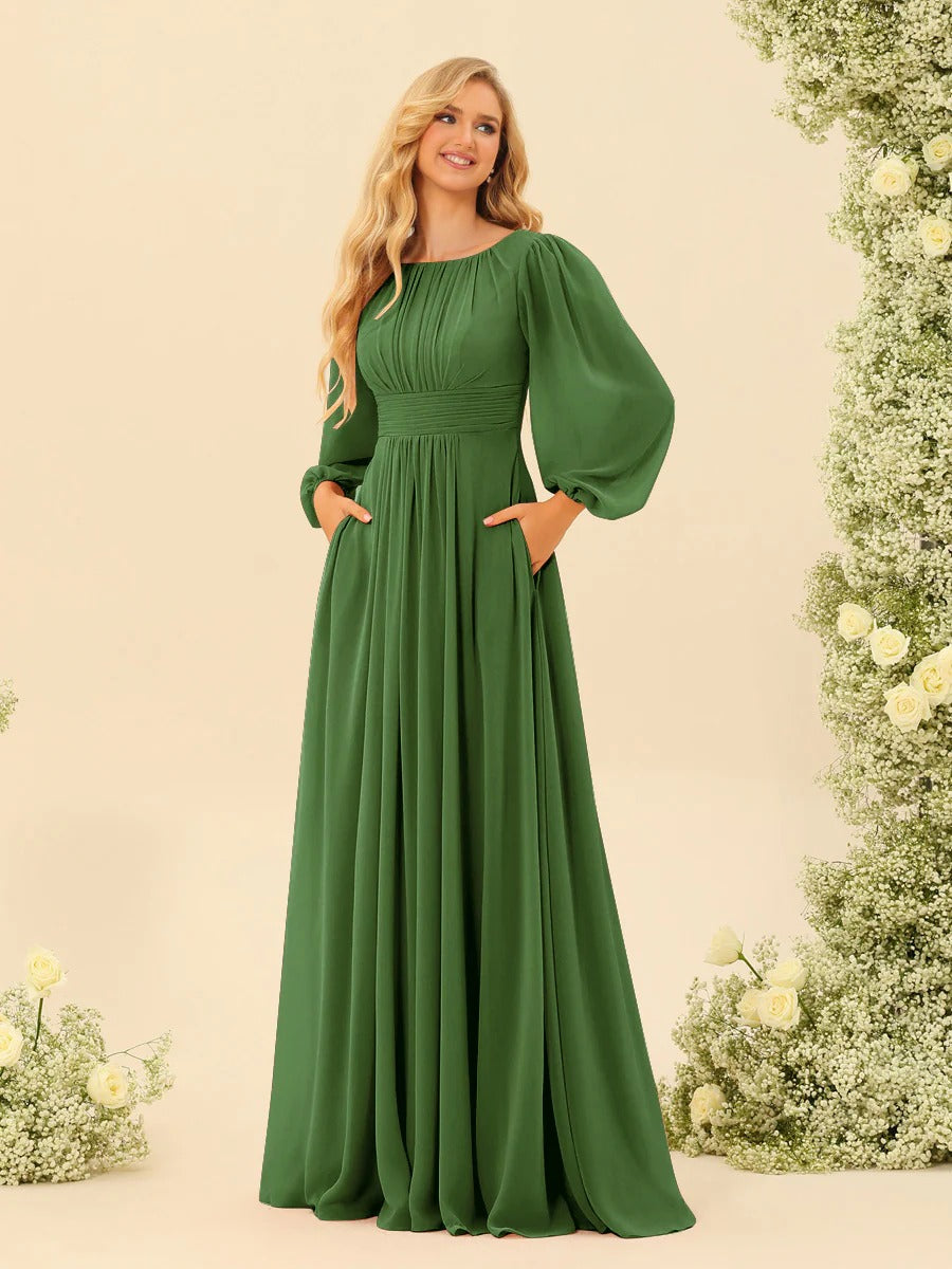 A-Line/Princess Scoop Long Sleeves Bridesmaid Dresses with Ruched