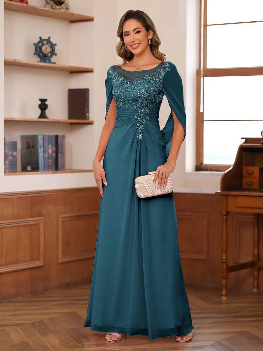 A-Line/Princess Scoop Floor-Length Mother of the Bride Outfits with Pleated & Sequins