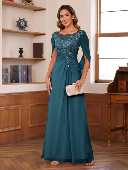 A-Line/Princess Scoop Floor-Length Mother of the Bride Outfits with Pleated & Sequins