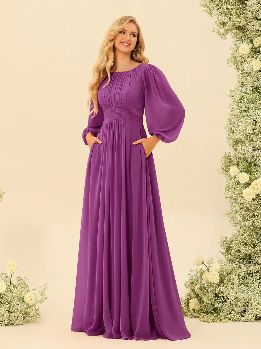A-Line/Princess Scoop Long Sleeves Bridesmaid Dresses with Ruched