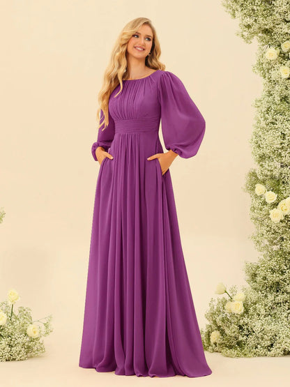 A-Line/Princess Scoop Long Sleeves Bridesmaid Dresses with Ruched