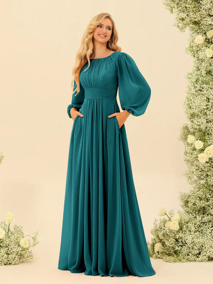 A-Line/Princess Scoop Long Sleeves Bridesmaid Dresses with Ruched