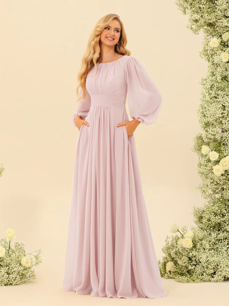 A-Line/Princess Scoop Long Sleeves Bridesmaid Dresses with Ruched