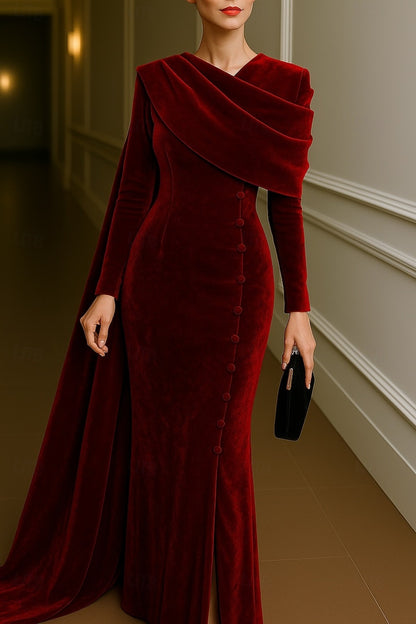 Sheath/Column Evening Gown Elegant Dress Formal Wedding Floor Length Long Sleeve Stand Collar Velvet with Pleats