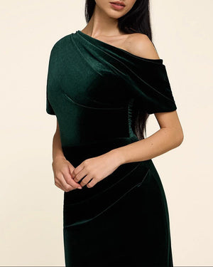 Mermaid Velvet Evening Gown Floor Length One Shoulder Long Sleeves Formal Ruched