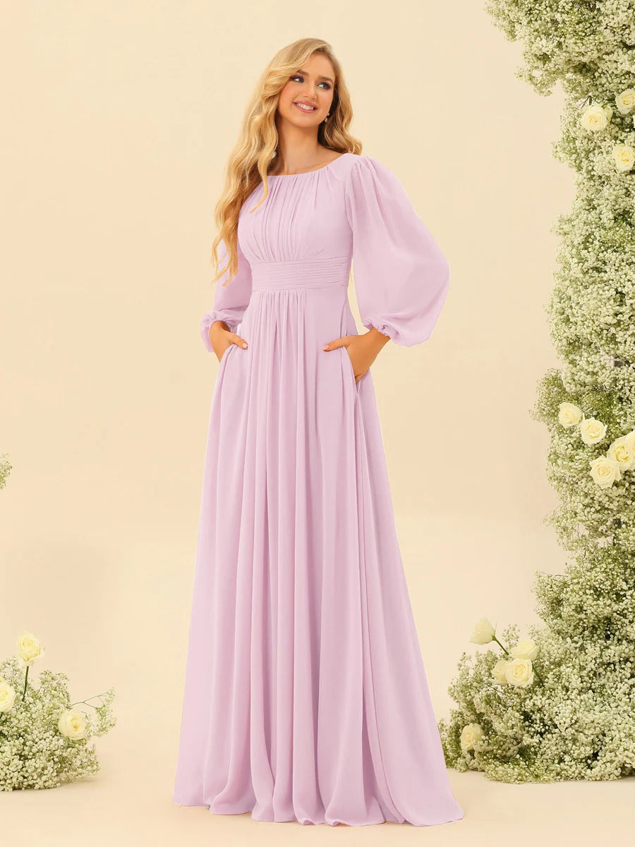 A-Line/Princess Scoop Long Sleeves Bridesmaid Dresses with Ruched