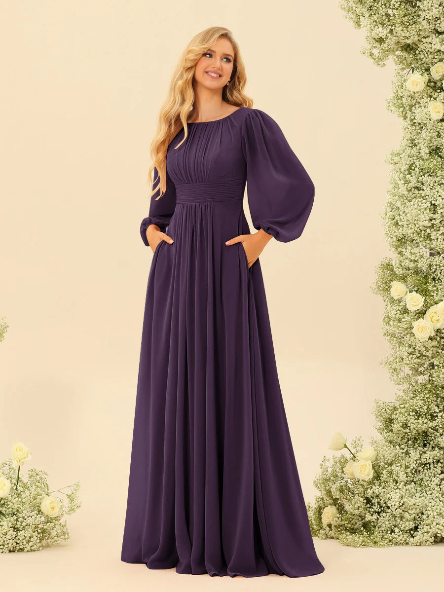 A-Line/Princess Scoop Long Sleeves Bridesmaid Dresses with Ruched