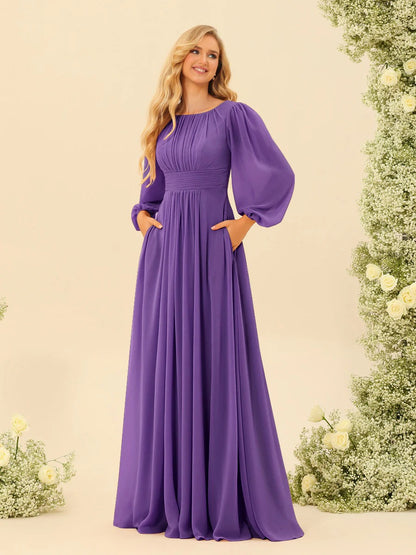 A-Line/Princess Scoop Long Sleeves Bridesmaid Dresses with Ruched
