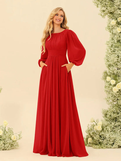 A-Line/Princess Scoop Long Sleeves Bridesmaid Dresses with Ruched