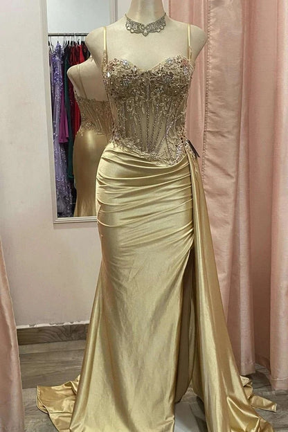 Sheath/Column Prom Dresses Spaghetti Straps Corset Long Formal Dress Sleeveless Floor-length Sparkle Ruched