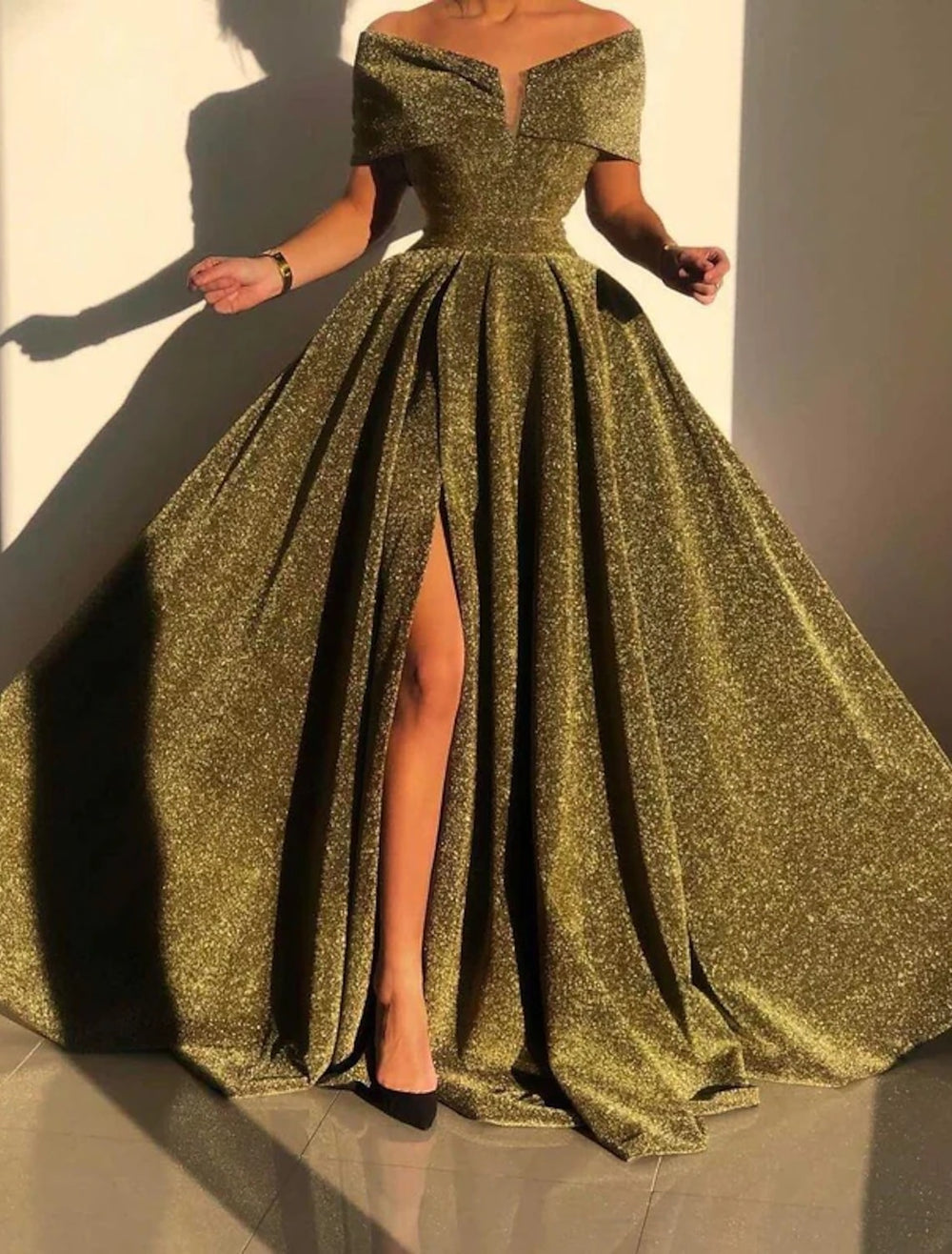 A-Line Evening Gown Sparkle & Shine Dress Formal Fall Court Train Sleeveless Off Shoulder Sequined with Sequin Slit Masquerade Dress