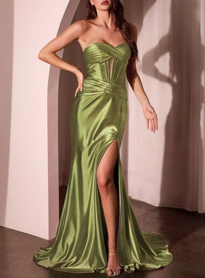 Mermaid Evening Dresses Satin Strapless Floor-Length Formal Satin Dress With Corset Ruched