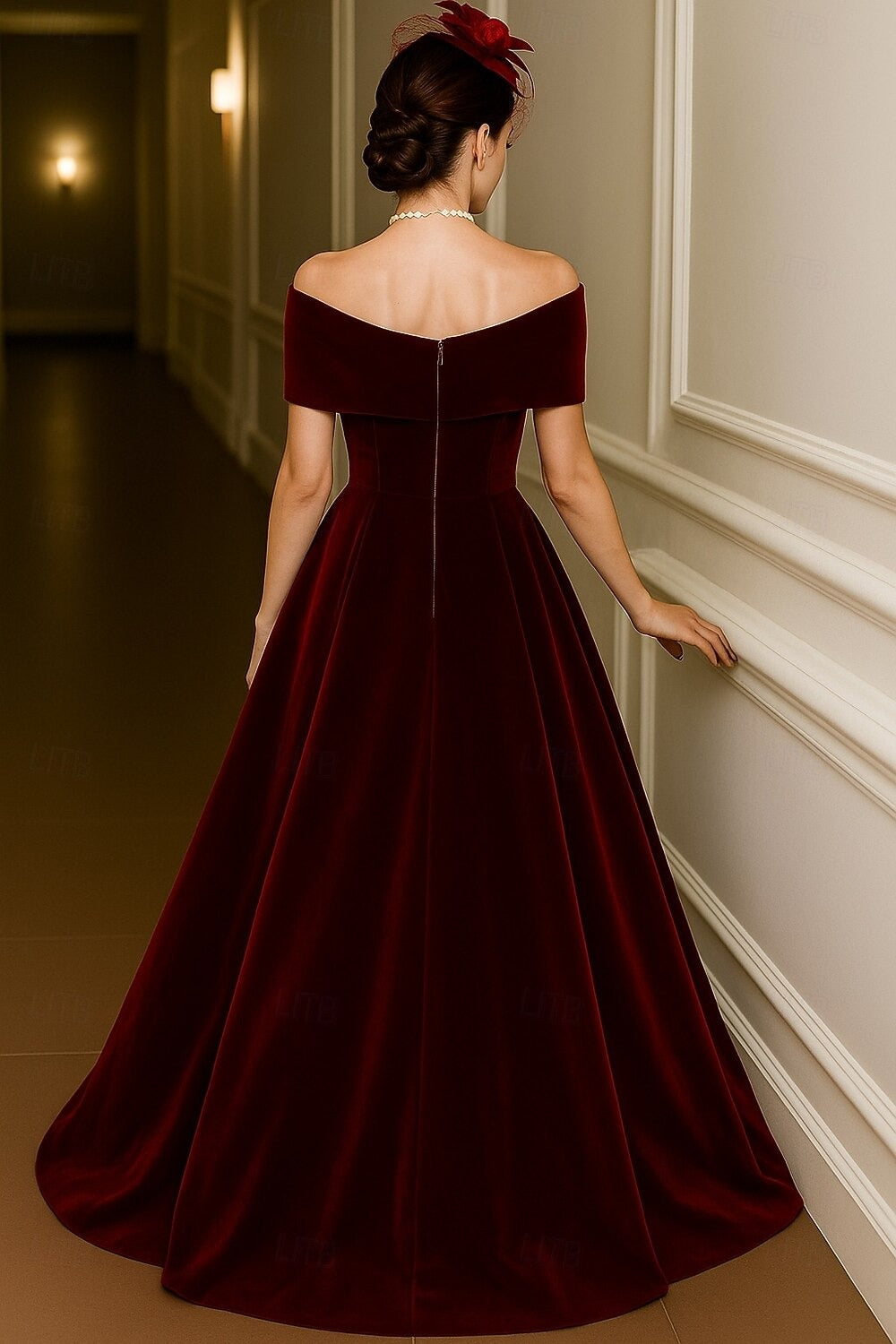 Red Black A-Line Evening Gown Elegant Dress Formal Wedding Floor Length Short Sleeve Off Shoulder Pocket Velvet with Pleats