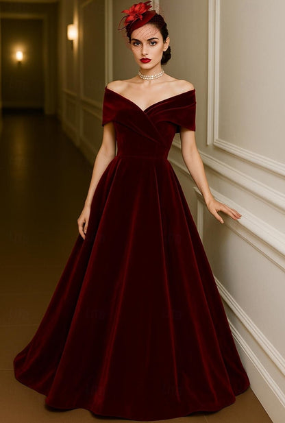 Red Black A-Line Evening Gown Elegant Dress Formal Wedding Floor Length Short Sleeve Off Shoulder Pocket Velvet with Pleats