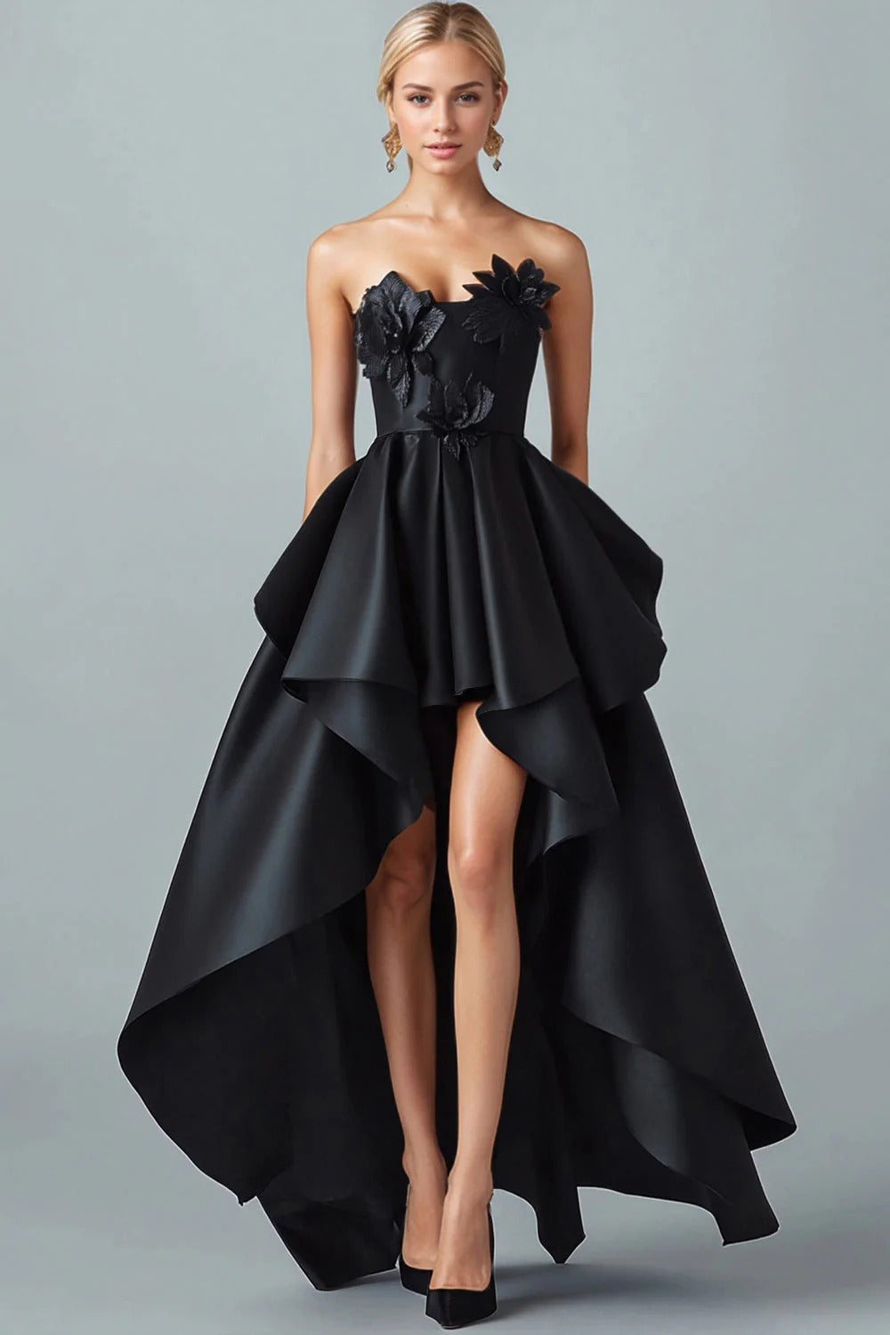 A-Line/Princess Stain  Evening/Formal Dress High-Low Strapless Sleeveless With 3D Flowers&Ruffles