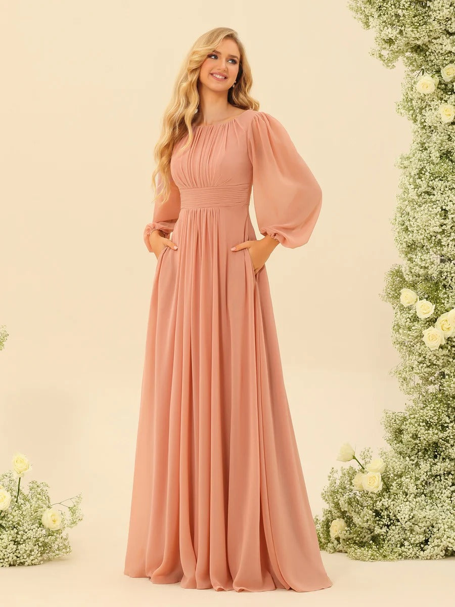 A-Line/Princess Scoop Long Sleeves Bridesmaid Dresses with Ruched
