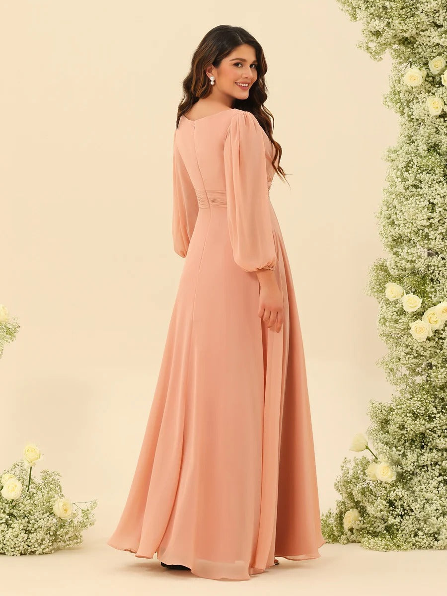 A-Line/Princess Scoop Long Sleeves Bridesmaid Dresses with Ruched