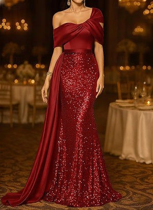 Sequin Mermaid / Trumpet Evening Gown Elegant Formal Dress Formal Wedding Floor Length Sleeveless Off Shoulder Sequined