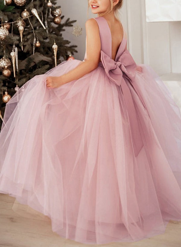 A-Line/Princess Flower Girl Dress Satin/Tulle Birtyday Dresses Scoop Neck Sleeveless Floor-Length Party Dresses With Bowknot