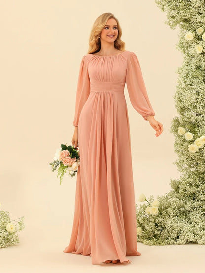 A-Line/Princess Scoop Long Sleeves Bridesmaid Dresses with Ruched