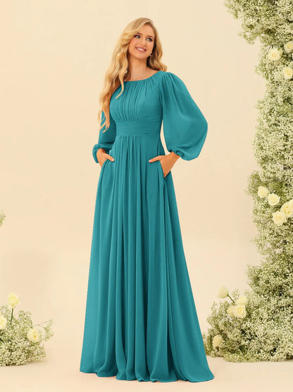 A-Line/Princess Scoop Long Sleeves Bridesmaid Dresses with Ruched