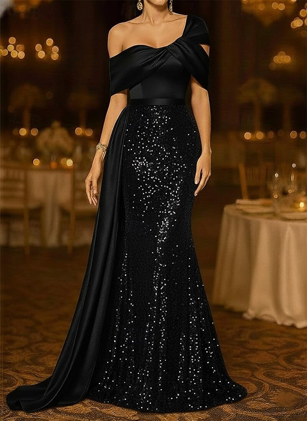 Sequin Mermaid / Trumpet Evening Gown Elegant Formal Dress Formal Wedding Floor Length Sleeveless Off Shoulder Sequined