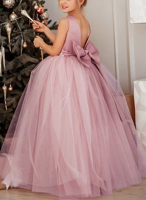 A-Line/Princess Flower Girl Dress Satin/Tulle Birtyday Dresses Scoop Neck Sleeveless Floor-Length Party Dresses With Bowknot