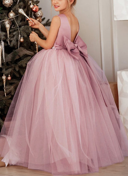 A-Line/Princess Flower Girl Dress Satin/Tulle Birtyday Dresses Scoop Neck Sleeveless Floor-Length Party Dresses With Bowknot