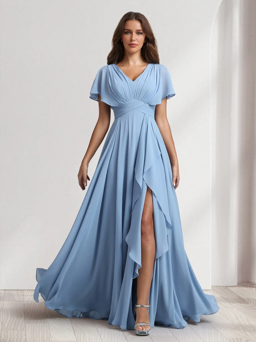 A-Line/Princess Chiffon V-Neck Short Sleeves Floor-Length Bridesmaid Dresses with Ruffle&Side Slit