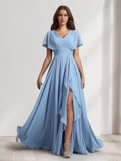 A-Line/Princess Chiffon V-Neck Short Sleeves Floor-Length Bridesmaid Dresses with Ruffle&Side Slit