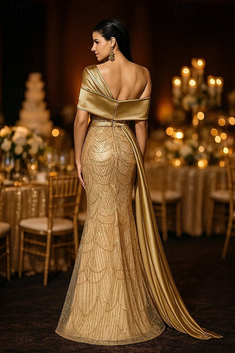 Sequin Mermaid / Trumpet Evening Gown Elegant Formal Dress Formal Wedding Floor Length Sleeveless Off Shoulder Sequined with Glitter