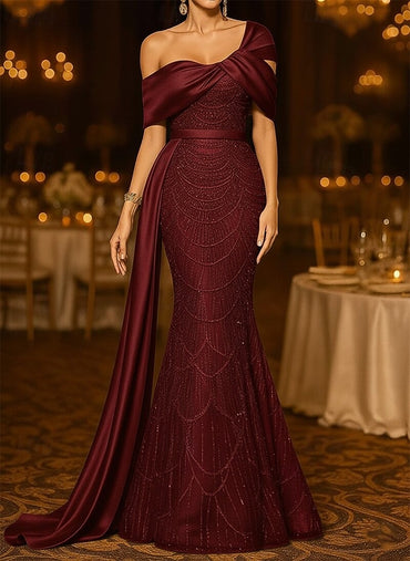 Sequin Mermaid / Trumpet Evening Gown Elegant Formal Dress Formal Wedding Floor Length Sleeveless Off Shoulder Sequined with Glitter