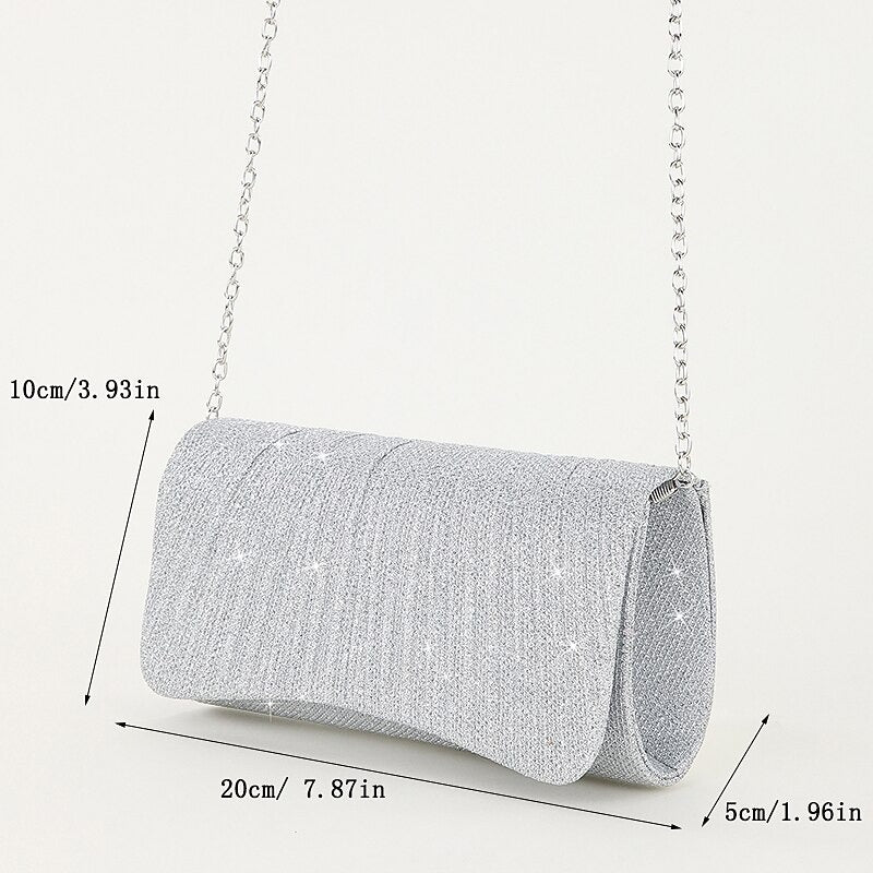 Women's Silver Glitter Evening Clutch Purse – Elegant Shoulder Bag with Chain Strap for Cocktail, Wedding & Formal Events